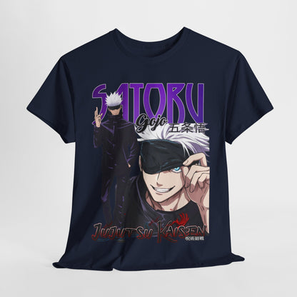 Luxurious navy blue t-shirt featuring Gojo Satoru from Jujutsu Kaisen, artfully designed with vibrant colours and intricate details, perfect for anime lovers seeking stylish comfort.