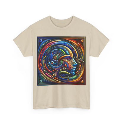 Front view of the Stained Glass Dreams Unisex T-Shirt in elegant beige, featuring a striking graphic design that combines artistry with fashion, perfect for art lovers.