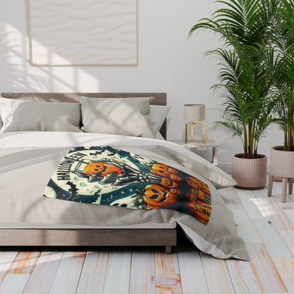 Elegant Decorative and Warm Halloween Spooky Arctic Fleece Blanket showcasing a whimsical skeleton with pumpkins in a stylish bedroom setting, ideal for cosy Halloween nights.