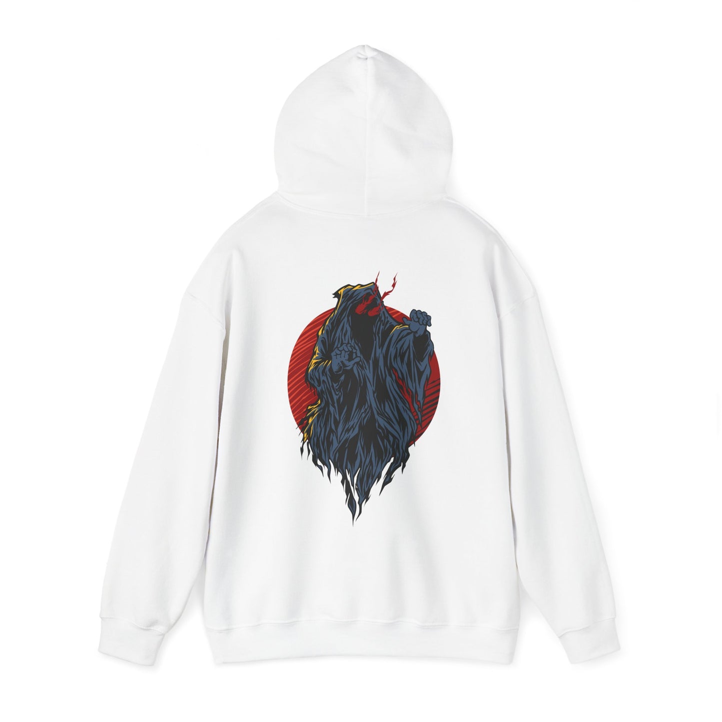 Chic white hoodie presented from the back, featuring a stunning demon design elegantly framed by a vivid red circle, perfect for those seeking a unique and stylish addition to their wardrobe.