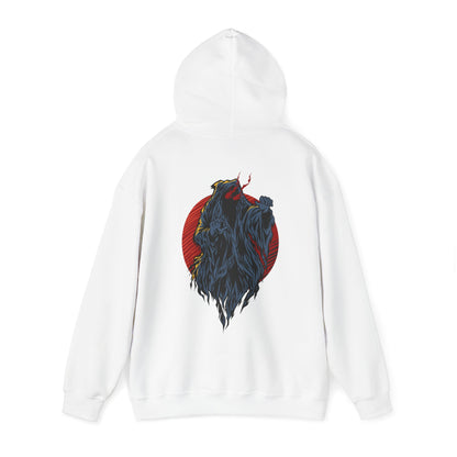 Chic white hoodie presented from the back, featuring a stunning demon design elegantly framed by a vivid red circle, perfect for those seeking a unique and stylish addition to their wardrobe.