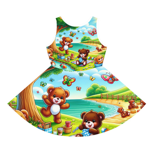 Sophia Blossomdale Girls Summer Sundress adorned with a delightful teddy bear print, highlighting playful bears in a picturesque summer setting, ideal for trendy young girls.