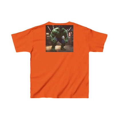 Kids Incredible Hulk Heavy Duty T-Shirt in vibrant orange featuring a bold Hulk graphic on the back, designed for durability and style.