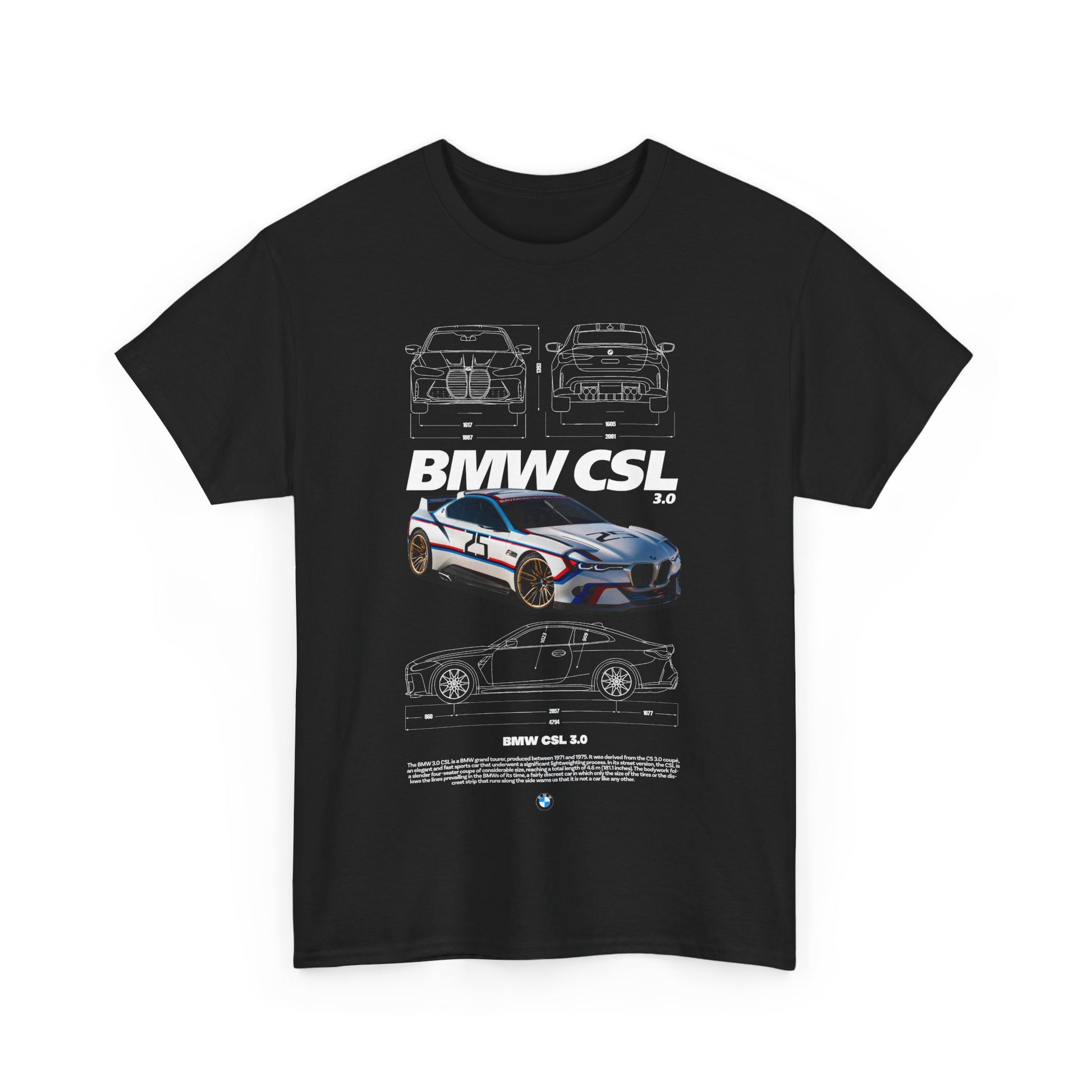 Stylish black men's T-shirt featuring a striking graphic of the BMW CSL 3.0 race car with technical illustrations and racing elements, perfect for automotive enthusiasts.