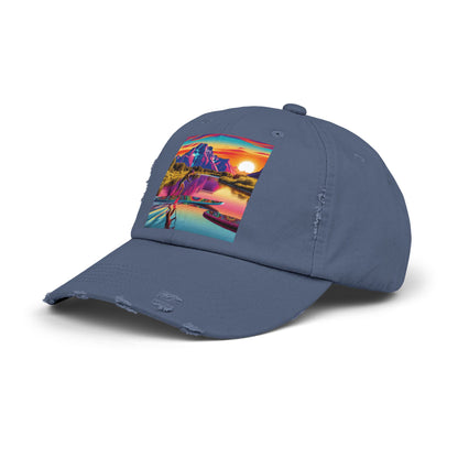 Unisex Distressed Paddleboarders Cap in navy, featuring a vibrant paddleboarding scene, perfect for stylish sun protection during outdoor adventures.