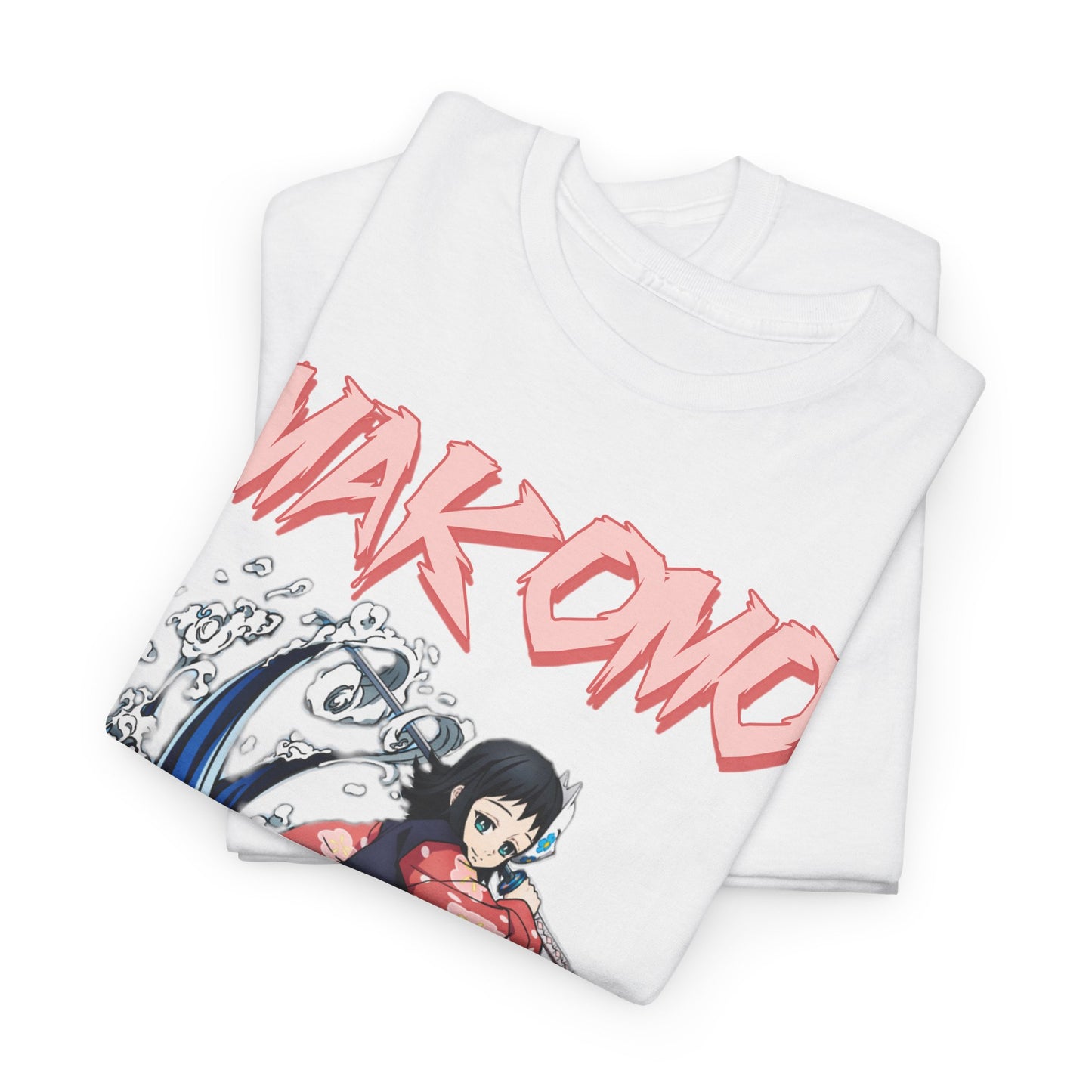 A pair of folded Makomo anime t-shirts showcasing striking water splash artwork, featuring the name 'MAKOMO' in eye-catching pink, highlighting premium quality and aesthetic appeal.