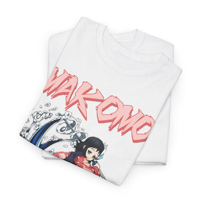 A pair of folded Makomo anime t-shirts showcasing striking water splash artwork, featuring the name 'MAKOMO' in eye-catching pink, highlighting premium quality and aesthetic appeal.