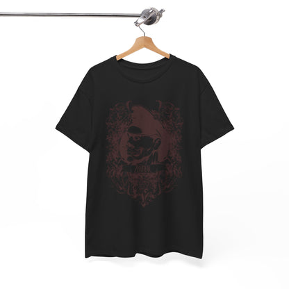 Elegant black men's t-shirt showcasing a striking zombie graphic intertwined with intricate baroque details, displayed on a hanger against a minimalistic background.