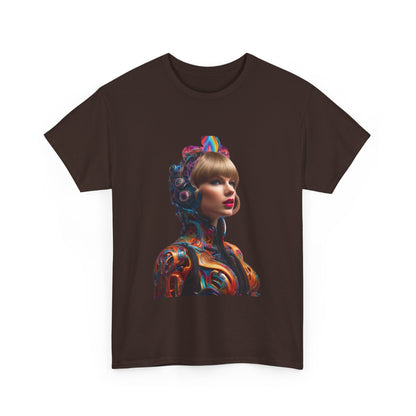 Front view of Swifties psychedelic Taylor Swift Heavy Cotton Tee with a striking, eye-catching design of Taylor Swift, exemplifying pop culture fashion.
