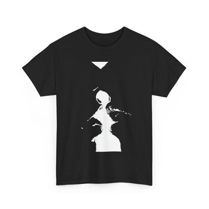 Unisex black graphic t-shirt featuring a captivating black and white illustration of two abstract figures, artistically positioned to suggest a passionate moment.