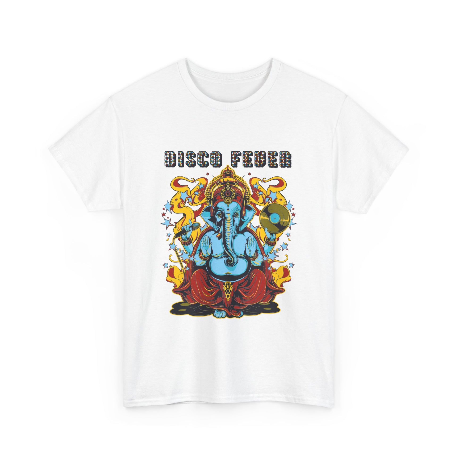 Stylish white t-shirt featuring an eye-catching Lord Ganesha design with 'DISCO FEVER' text, ideal for discerning fashion enthusiasts seeking uniqueness.