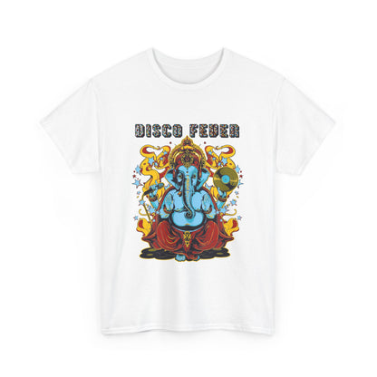 Stylish white t-shirt featuring an eye-catching Lord Ganesha design with 'DISCO FEVER' text, ideal for discerning fashion enthusiasts seeking uniqueness.