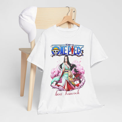 Chic t-shirt featuring Boa Hancock from One Piece, elegantly styled on a wooden hanger next to a cap, embodying a blend of fashion and anime culture.