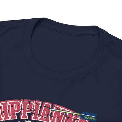 Close-up of a premium navy t-shirt neckline, showcasing intricate graphics of a wolf headdress, designed for those who value elegance and cultural significance.