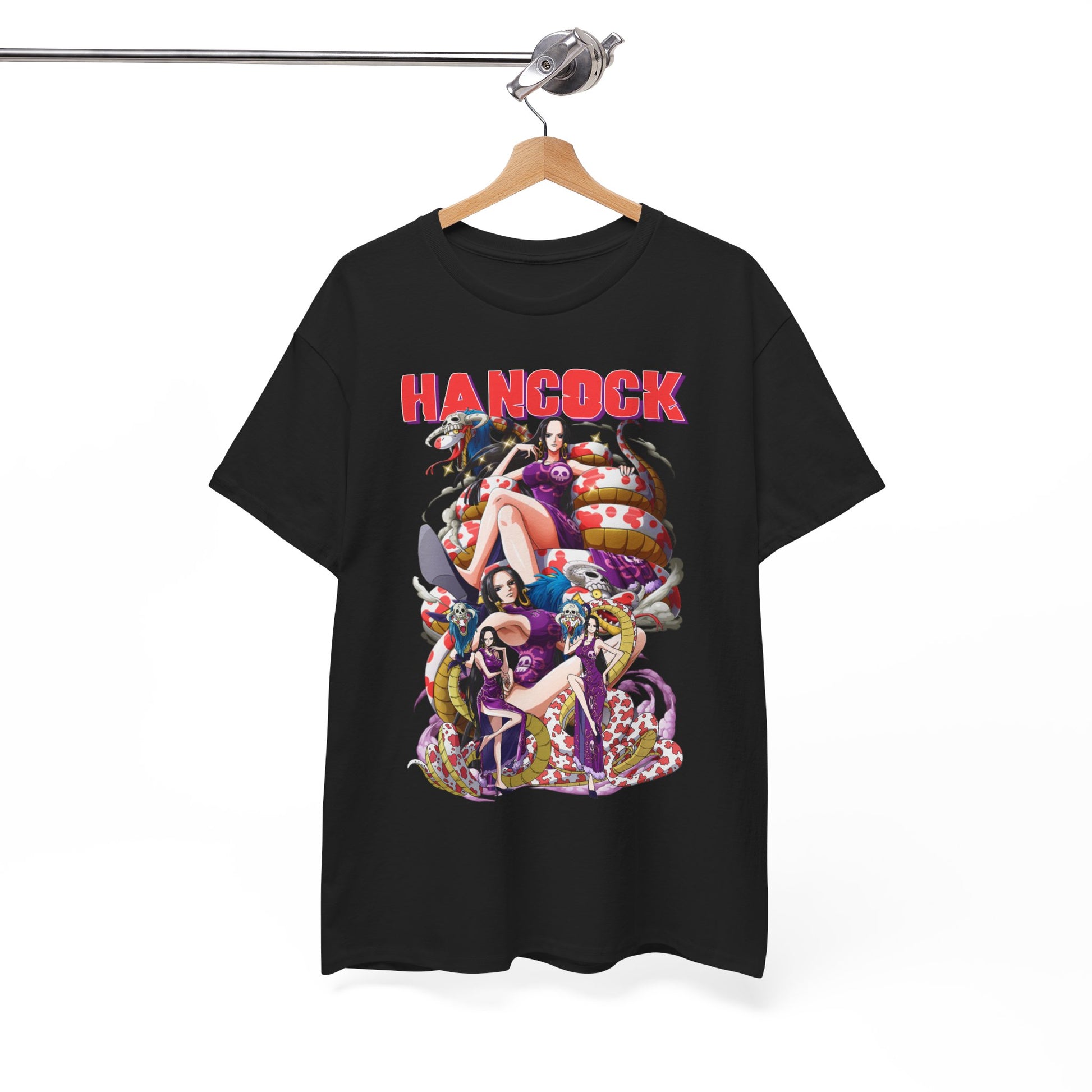 Sophisticated black Hancock t-shirt displayed on a hanger, showcasing exquisite anime art; a perfect blend of style and fandom for discerning fashion enthusiasts.