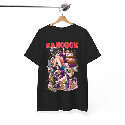 Sophisticated black Hancock t-shirt displayed on a hanger, showcasing exquisite anime art; a perfect blend of style and fandom for discerning fashion enthusiasts.
