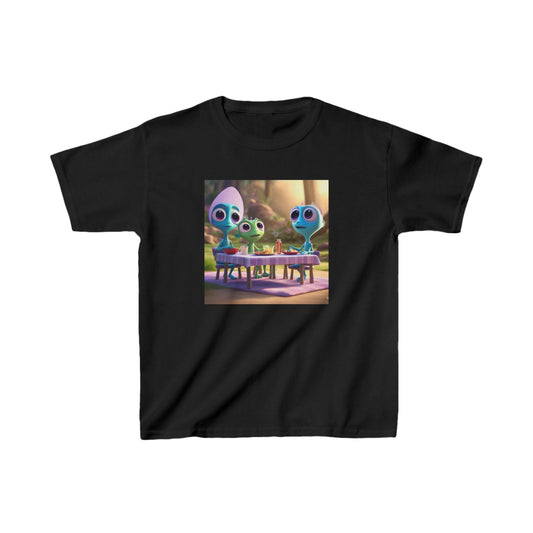 Kids Cute Aliens Heavy Cotton Tee showcasing adorable alien friends gathered around a picnic table, ideal for young adventurers expressing their love for imaginative play.