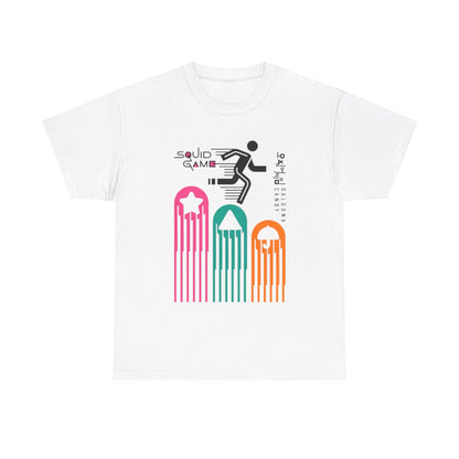 Elegant Squid Game graphic t-shirt featuring a striking design with vibrant colours on a pristine white background, perfect for adding a dash of avant-garde style to your urban wardrobe.