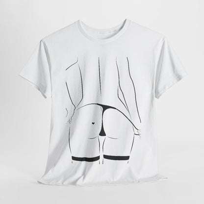 Luxurious white graphic T-shirt featuring a stylish black line drawing of a woman's silhouette from the mid-back to the buttocks, showcasing playful elegance and cheeky charm.