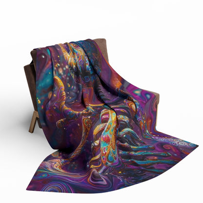 Beautifully arranged Decorative and Warm Halloween Skellington Spooky Arctic Fleece Blanket on a chair, showcasing its playful colours and perfect for enhancing Halloween festivities.