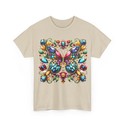 Enchanting Butterfly Brooch graphic on a unisex t-shirt, featuring intricate designs adorned with colourful gemstones, ideal for elevating casual and formal wear.
