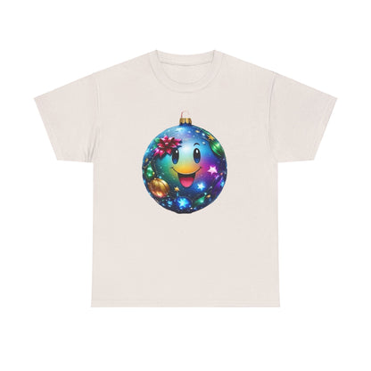 Festive Cheer Christmas Bauble Unisex Cotton T-Shirt Graphic Tee emphasising a delightful blue Christmas ornament with a cheerful expression, radiating holiday charm for a sophisticated seasonal look.