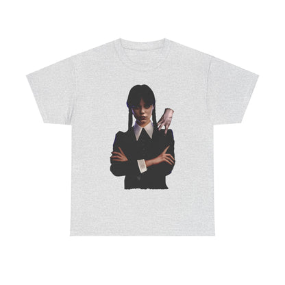 Stylish unisex graphic tee featuring Wednesday Addams entwined with Thing, a must-have for fashionable enthusiasts of the macabre.