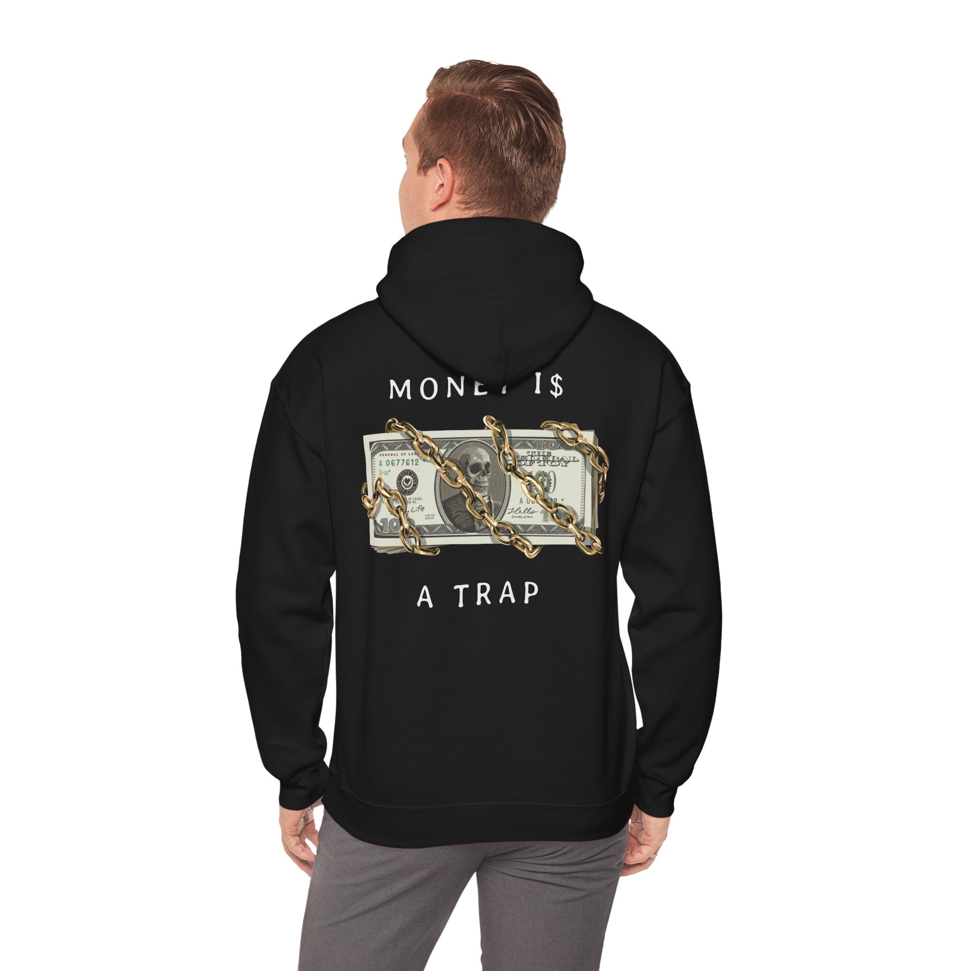 Stylish black hoodie featuring a bold back print of dollar bills and chains, embodying a statement of wealth and ambition.