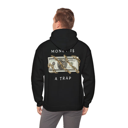 Stylish black hoodie featuring a bold back print of dollar bills and chains, embodying a statement of wealth and ambition.