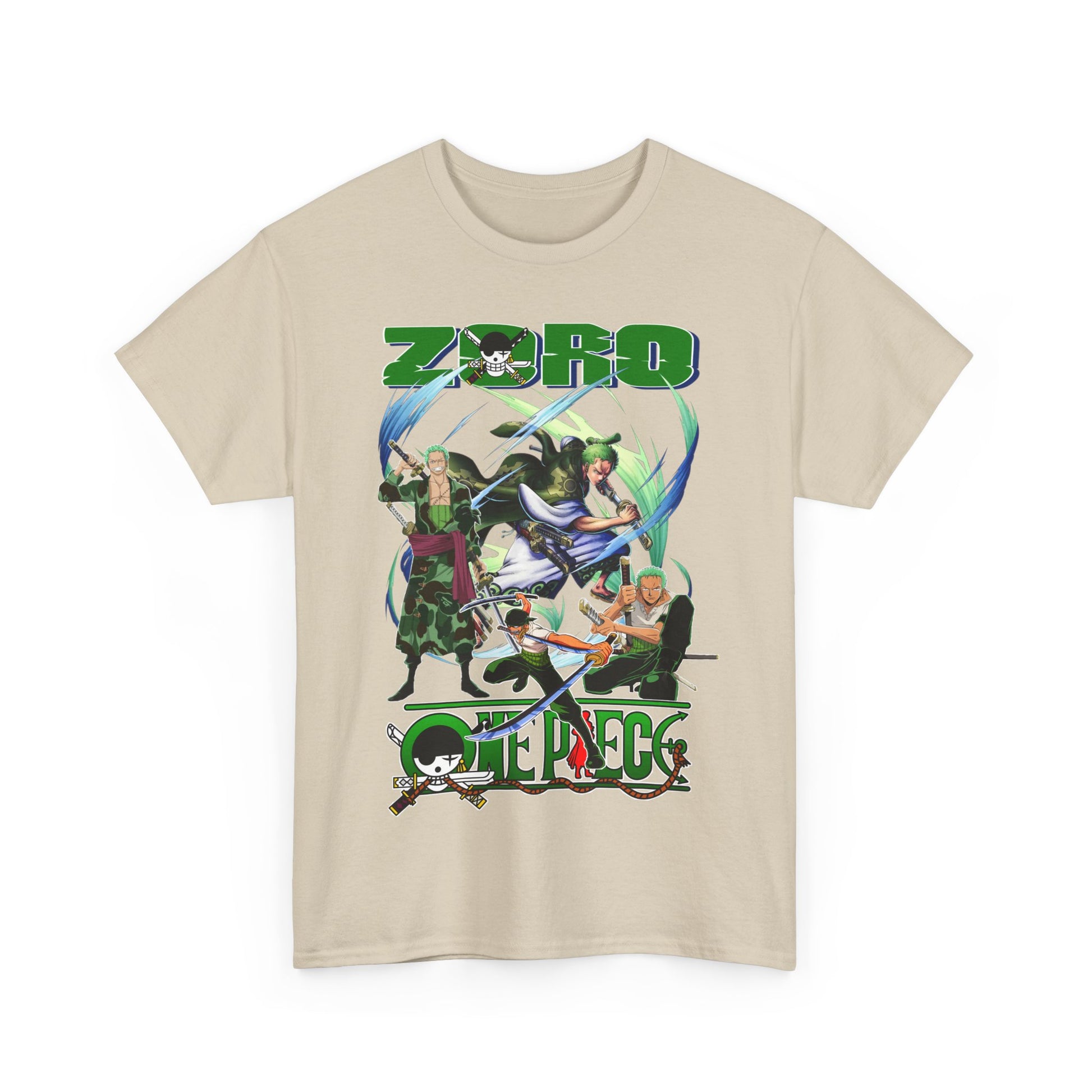 Premium beige graphic t-shirt featuring dynamic characters from a popular anime, exuding adventure and camaraderie.