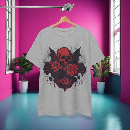 Skulls and Roses Cotton Tee elegantly displayed on a hanger in a chic interior, enhancing its artistic skull and rose motif.