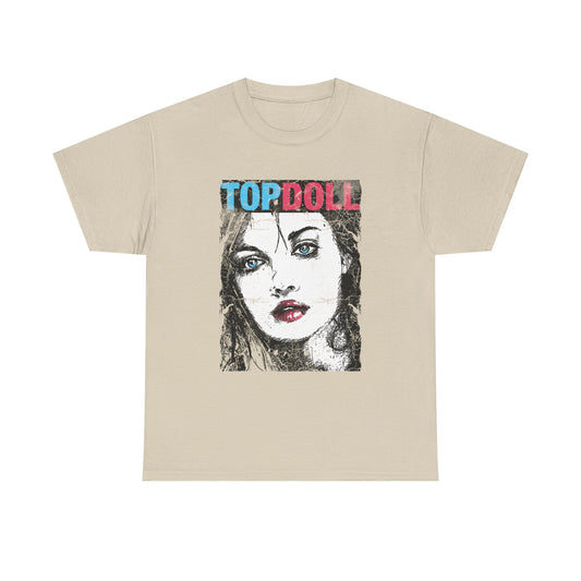 Elegant men's t-shirt in a neutral beige tone, showcasing a captivating graphic of an alluring woman with dramatic blue eyes and the 'TOP DOLL' text in vibrant colours, perfect for sophisticated casual wear.