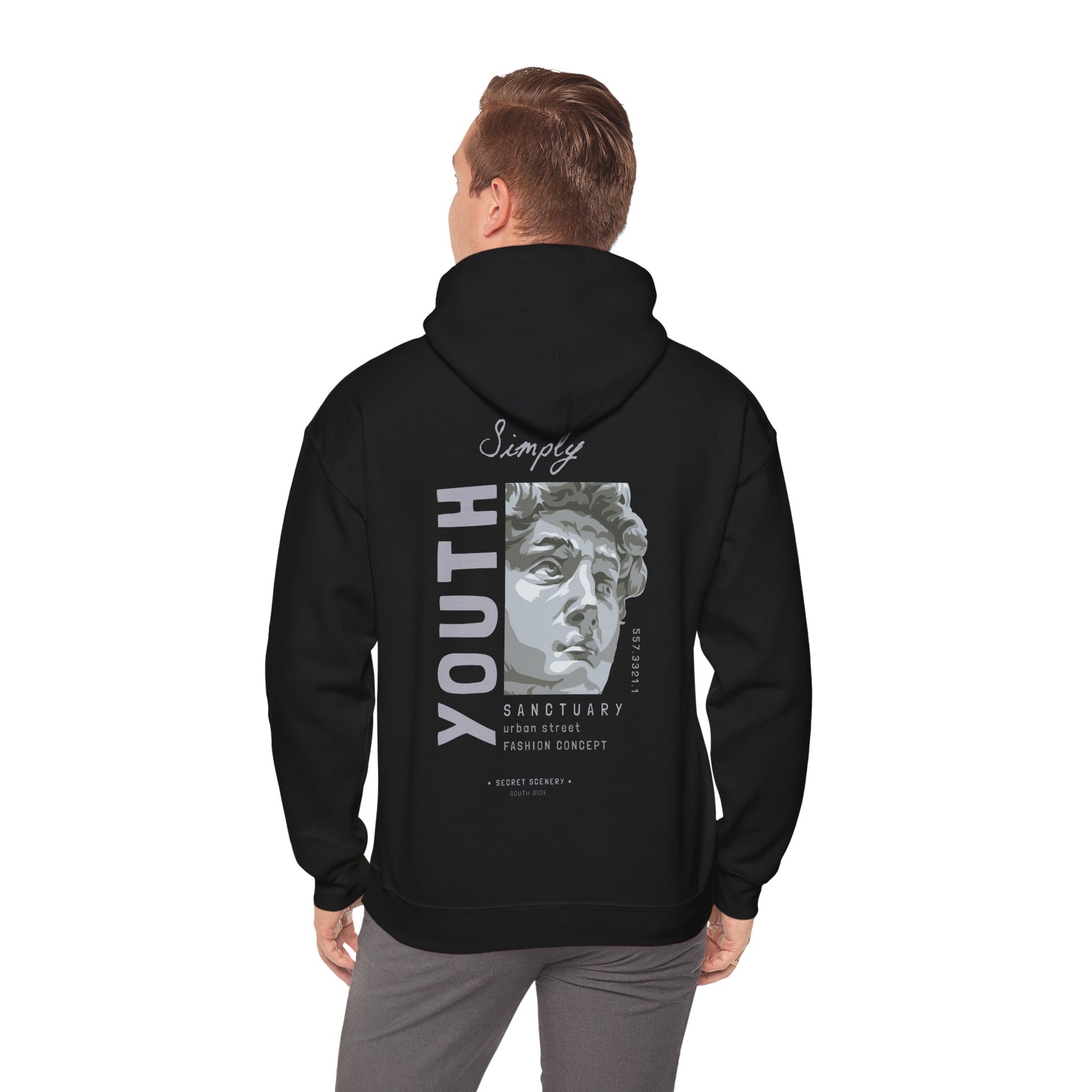 Urban Sanctuary Youth Hoodie in black featuring a striking back graphic design, showcasing a sculpted bust and bold 'YOUTH' lettering, blending street style with artistic elegance.