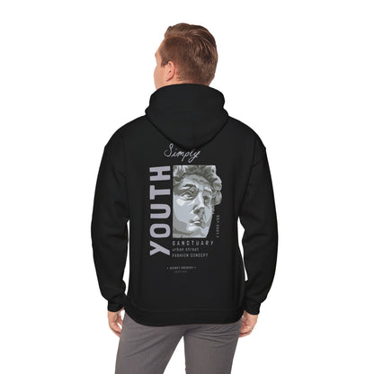 Urban Sanctuary Youth Hoodie in black featuring a striking back graphic design, showcasing a sculpted bust and bold 'YOUTH' lettering, blending street style with artistic elegance.