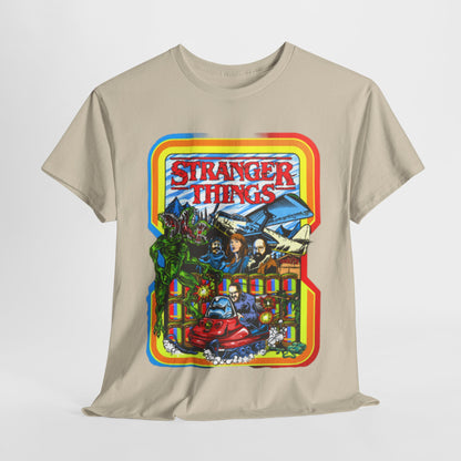 Luxury unisex graphic t-shirt featuring a vibrant 'Stranger Things' design, showcasing iconic characters and elements from the series. A humorous and nostalgic artwork with a retro arcade style, suitable for fans of the hit TV show.