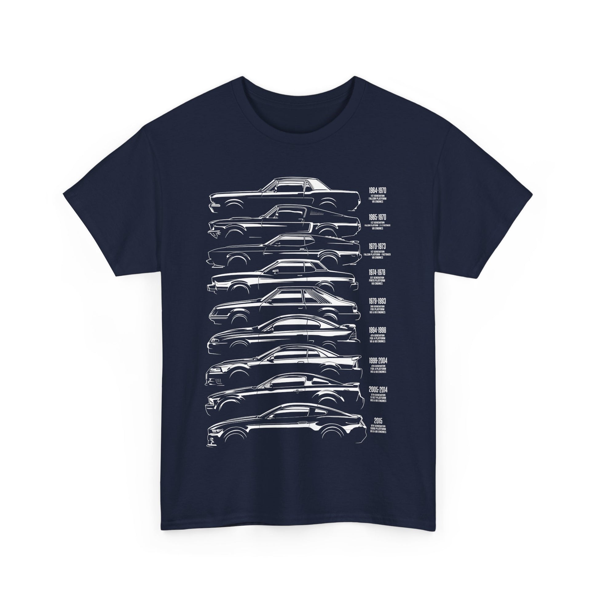 Navy blue T-shirt adorned with an artistic graphic representing the historical evolution of the Ford Mustang, perfect for car enthusiasts.