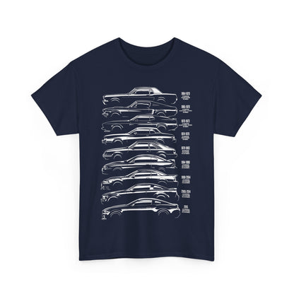 Navy blue T-shirt adorned with an artistic graphic representing the historical evolution of the Ford Mustang, perfect for car enthusiasts.