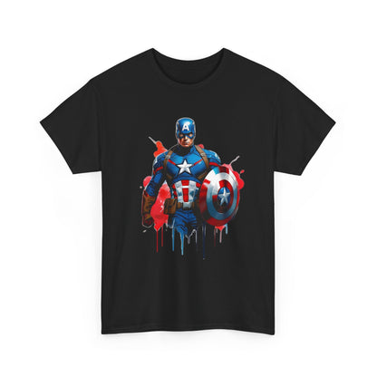 Luxury Captain America Graphic Tee featuring a striking comic illustration of Captain America holding his iconic shield, perfect for unisex casual wear.