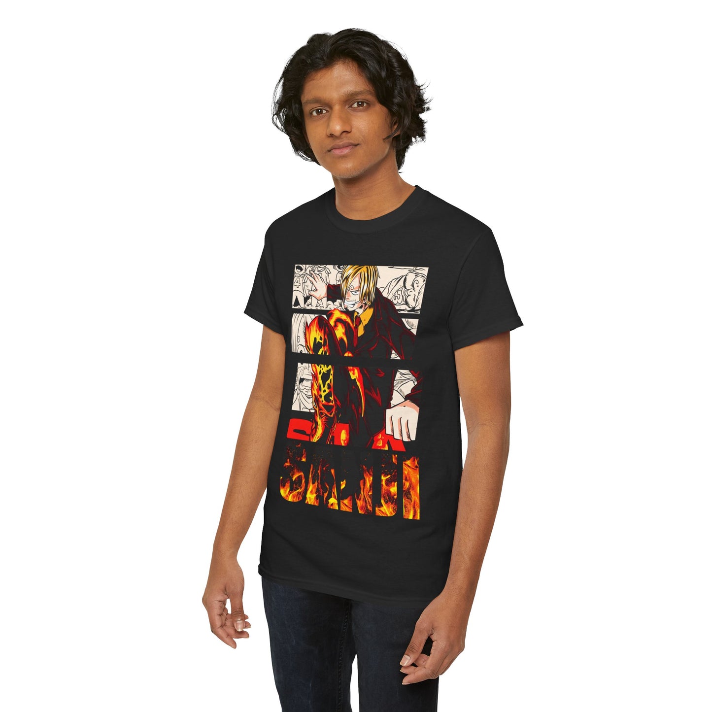 Trendy young man dressed in a black graphic t-shirt featuring an animated design of Sanji, set against a crisp background, highlighting premium anime fashion.