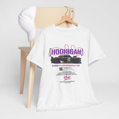 Elegant Ford Mustang Hoonicon V2 graphic tee displayed on a wooden chair with a white cap, showcasing a stylish motorsport design for car enthusiasts.