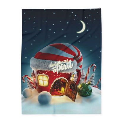 Elegant Decorative and Warm Christmas Arctic Fleece Blanket showcasing a charming Christmas cottage with festive ornaments and a starry night backdrop, ideal for the holiday season.