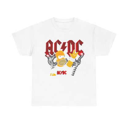 Homer Rock & Roll Unisex Cotton Tee Graphic T Shirt in classic white showcasing Homer Simpson striking a rock gesture with bold AC/DC text and electric lightning elements.