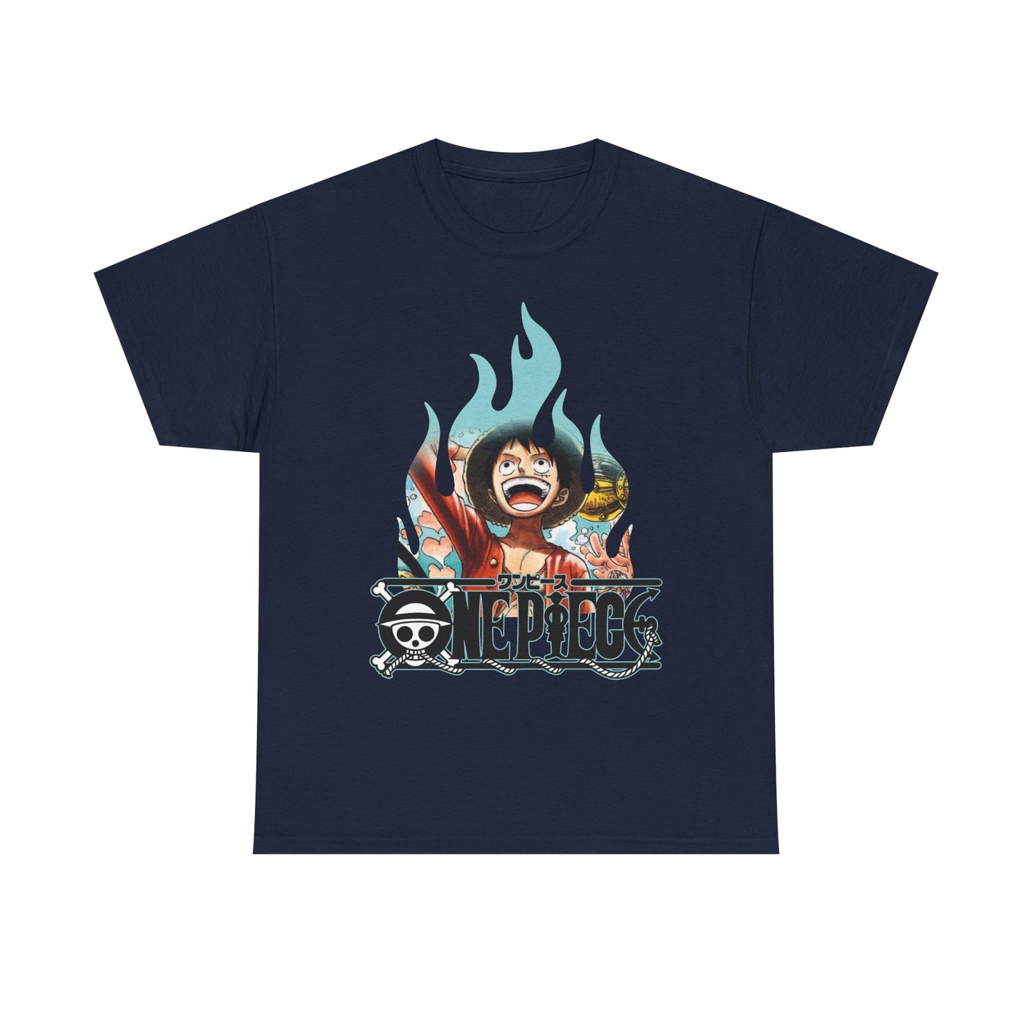 Elegantly styled navy graphic t-shirt showcasing a dynamic character illustration with striking flames and logo, ideal for trendsetters and enthusiasts.