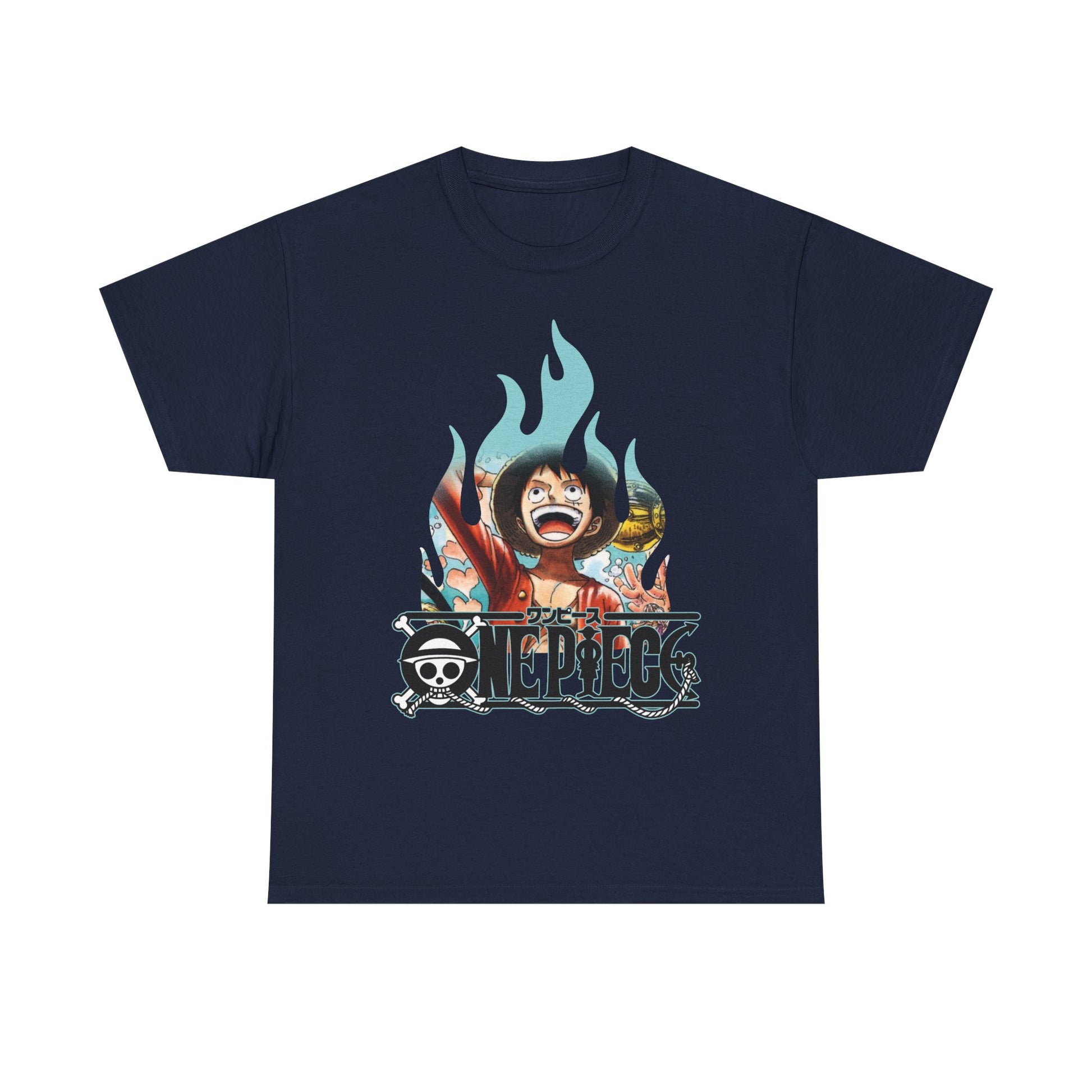 Elegantly styled navy graphic t-shirt showcasing a dynamic character illustration with striking flames and logo, ideal for trendsetters and enthusiasts.