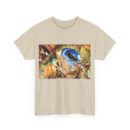 Discworld Small Gods Graphic Unisex T-Shirt featuring an intricate illustration inspired by Terry Pratchett's work, vibrant and artistic design, suitable for literary enthusiasts.