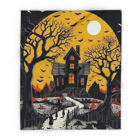 Decorative and Warm Halloween Spooky Arctic Fleece Blanket showcasing a magical autumnal scene with a spooky house, vibrant orange hues, and flying bats, ideal for adding elegance to your Halloween decor.