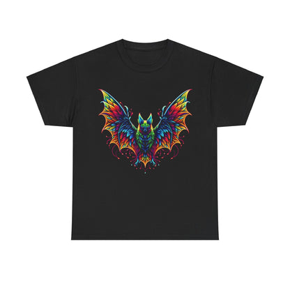 Radiant Evolution Bat Tee - Unisex Cotton Tee featuring an exquisite design of a vibrant, stylized bat with rainbow hues on a black background, perfect for adding a striking statement to your casual wardrobe.