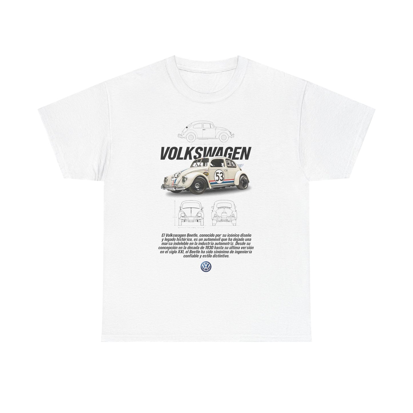 Luxurious white Volkswagen Beetle T-shirt showcasing the classic Herbie 53 racing car design, enhanced with intricate technical drawings and bilingual text, an ideal choice for automotive aficionados.