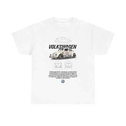 Luxurious white Volkswagen Beetle T-shirt showcasing the classic Herbie 53 racing car design, enhanced with intricate technical drawings and bilingual text, an ideal choice for automotive aficionados.