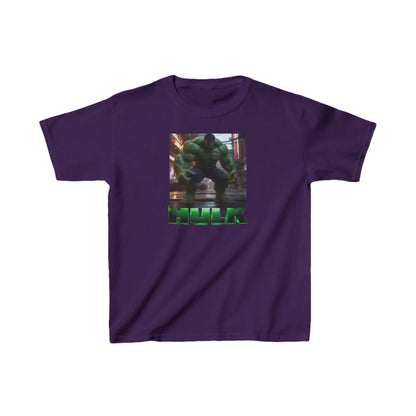 Kids Heavy Cotton Incredible Hulk T-Shirt in rich purple, designed with a striking Hulk image, ideal for active young heroes.